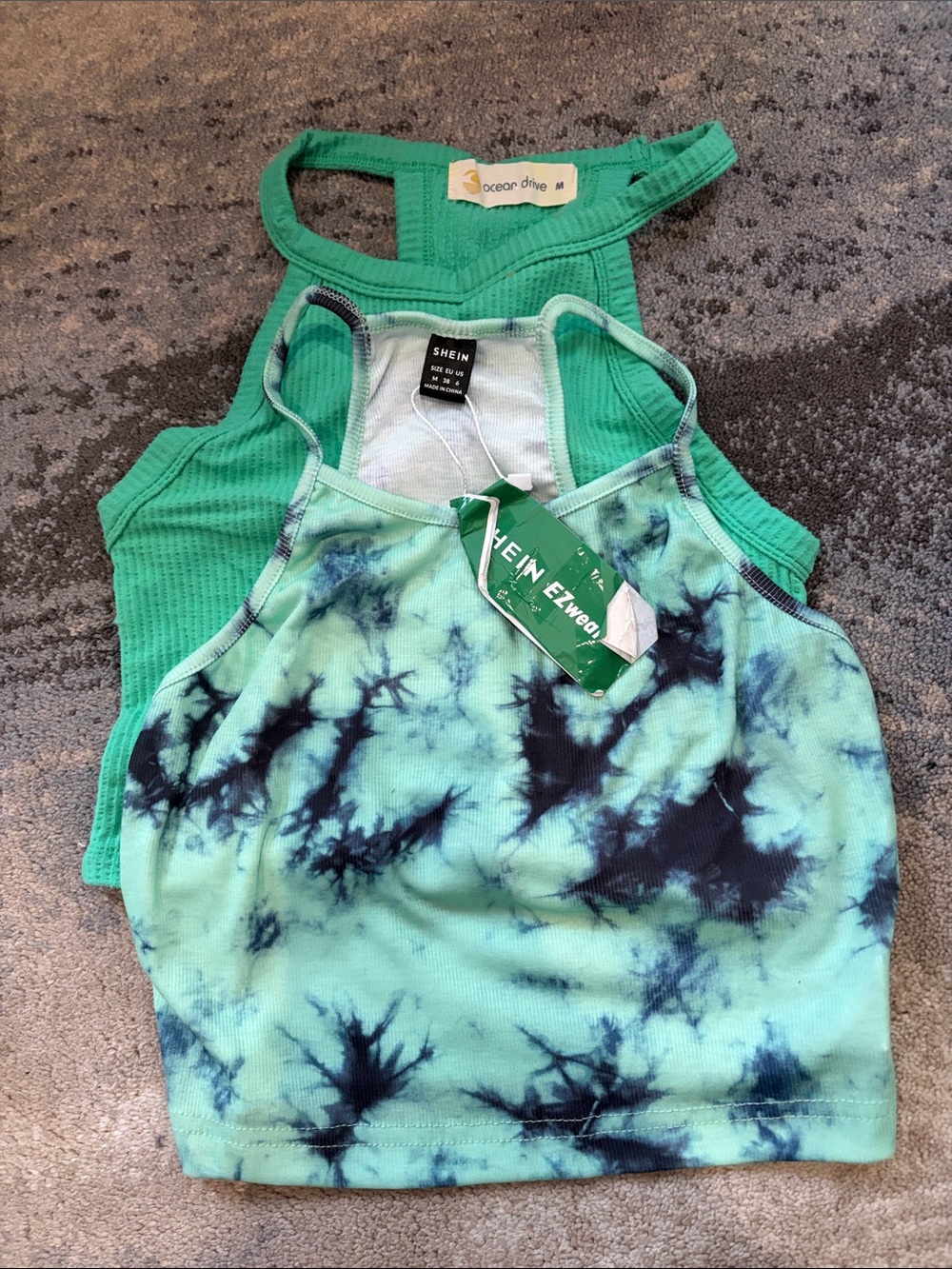 Green Ribbed Racerback Tank + Mint Green & Navy Tie-Dye Crop Set